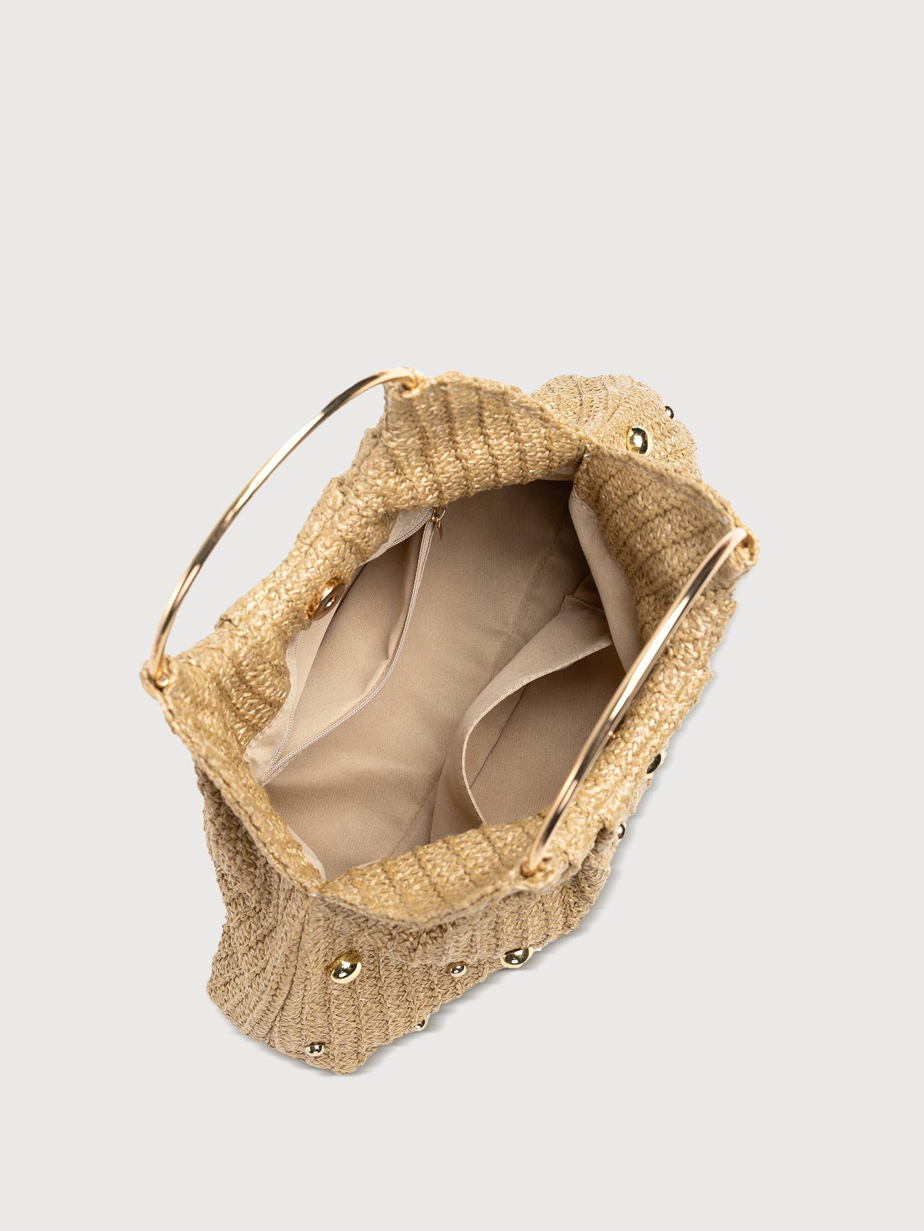 Studded Straw Ring Handle Handbag