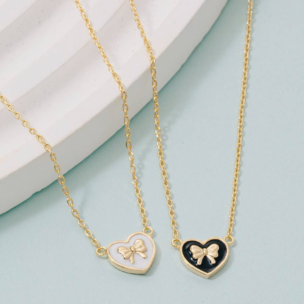 Gold Dipped Enamel Ribbon Bow Heart Pendant Necklace