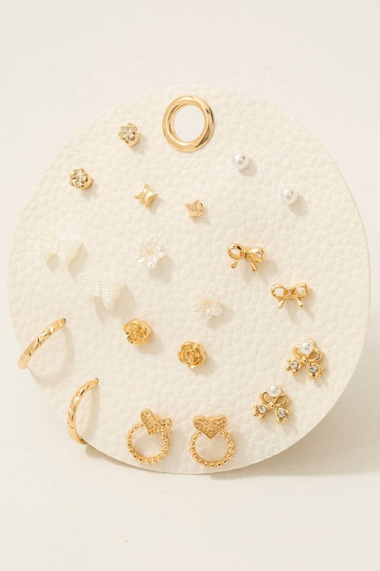 Heart Pearl Bow Butterfly Floral Stud And Hoop Earrings Set