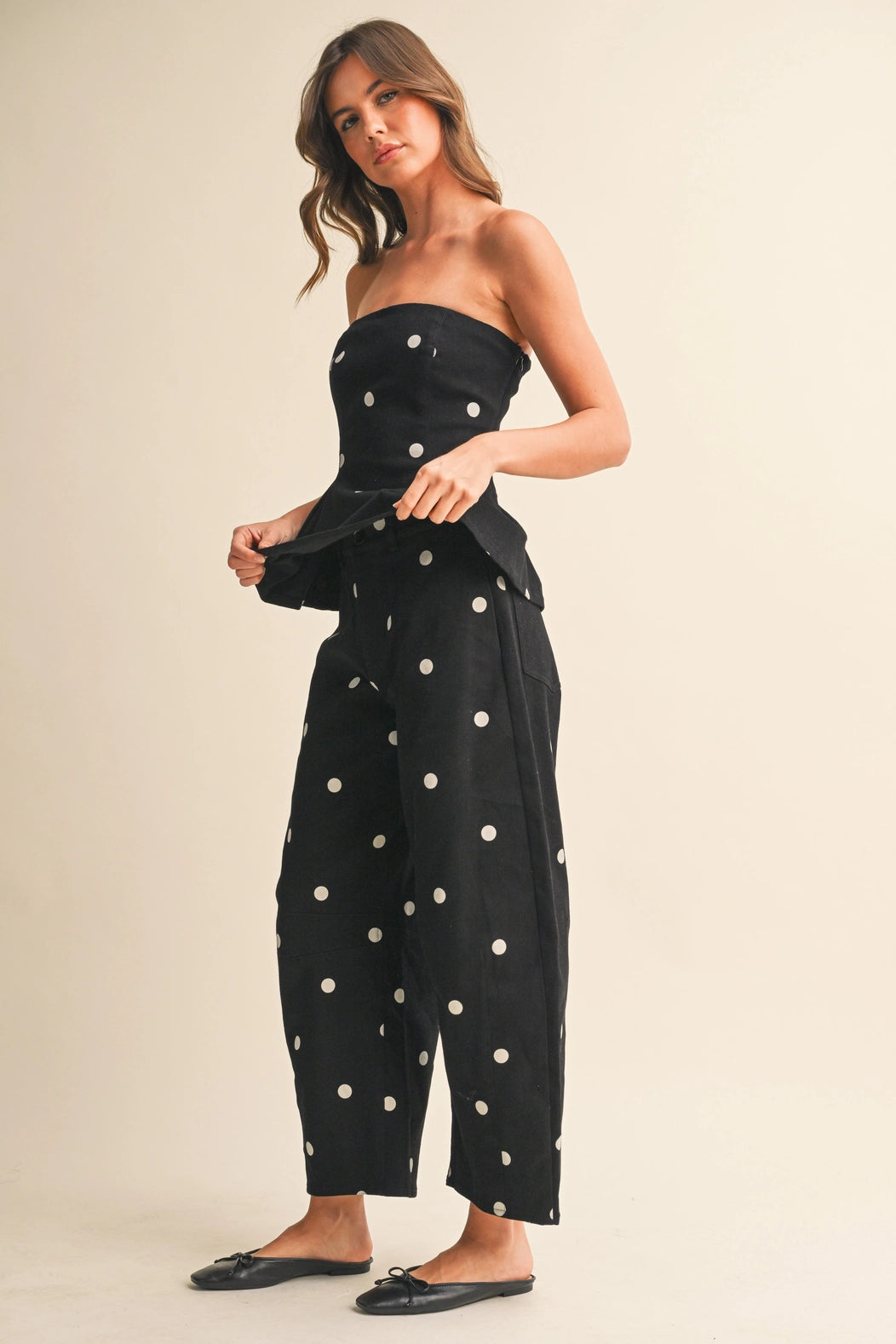 Polka Dot Pleated Strapless Top