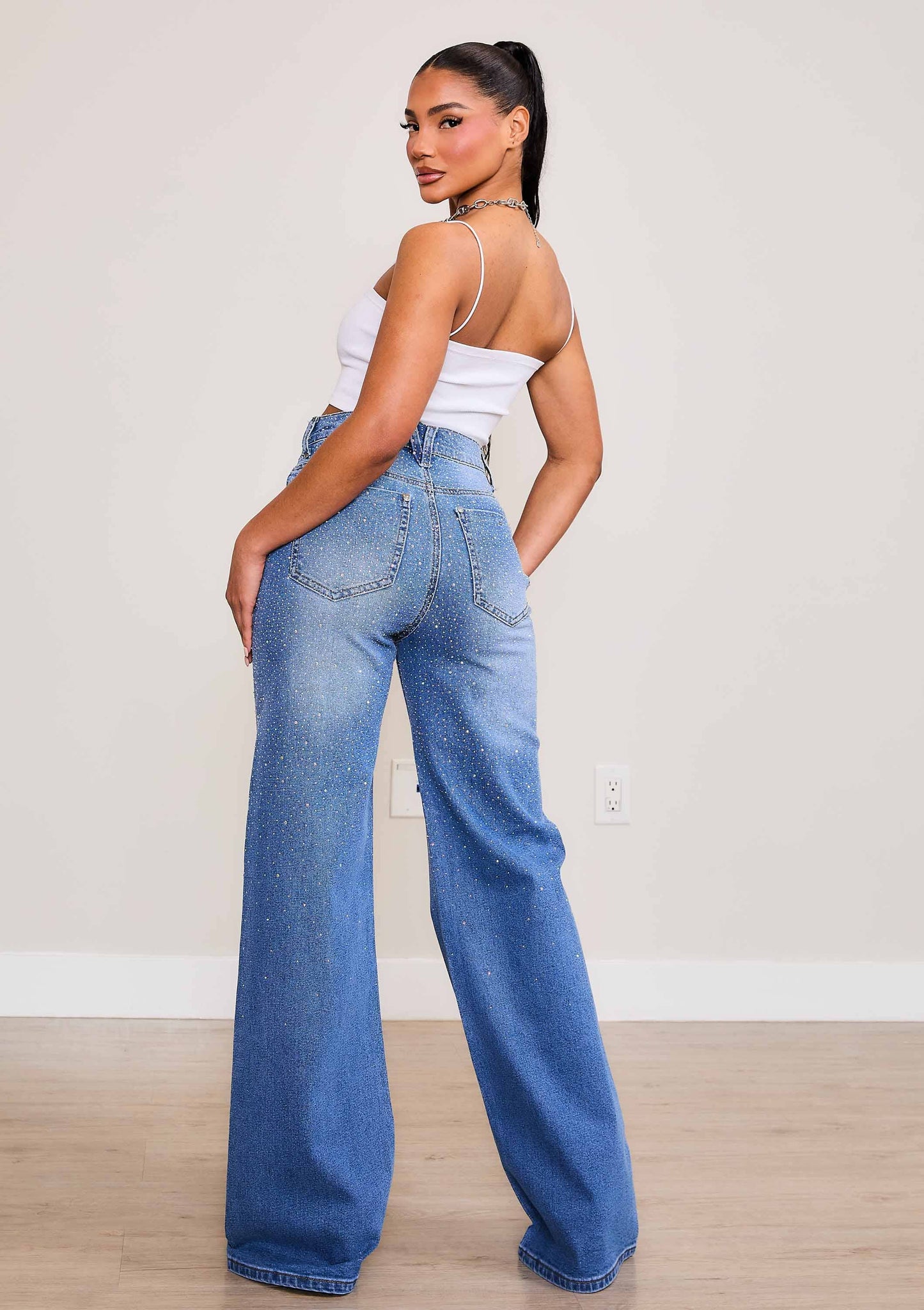 Iridescent Rhinestone High-Rise Wide Leg Jeans