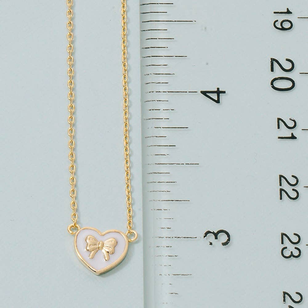 Gold Dipped Enamel Ribbon Bow Heart Pendant Necklace