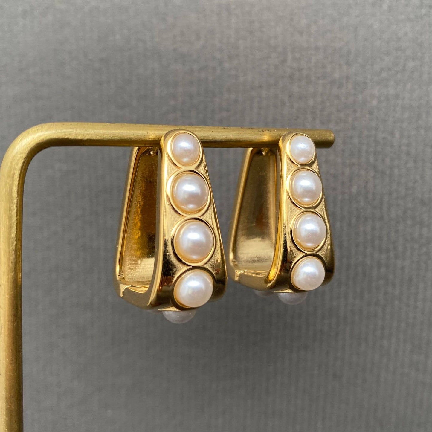 Pearl Inlaid 18K Gold Plated S.Steel Huggie Earrings