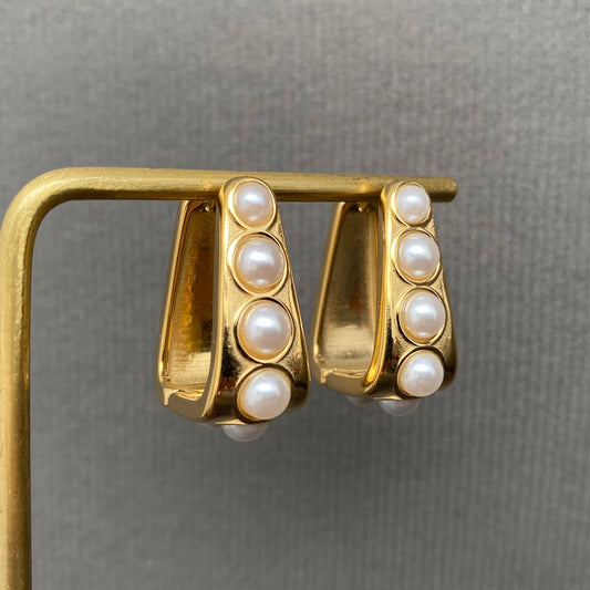 Pearl Inlaid 18K Gold Plated S.Steel Huggie Earrings