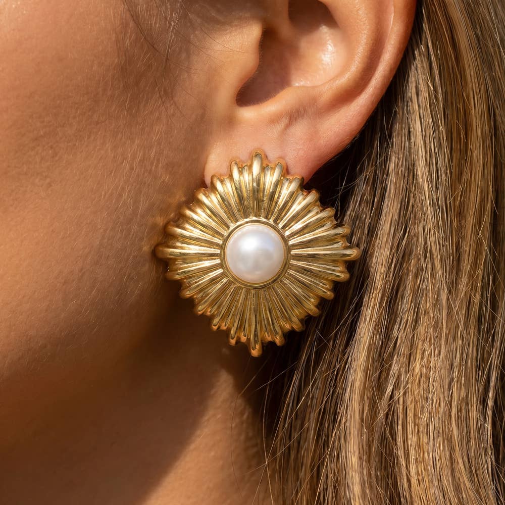 Gold Dipped Starburst Diamond Pearl Stud Earrings