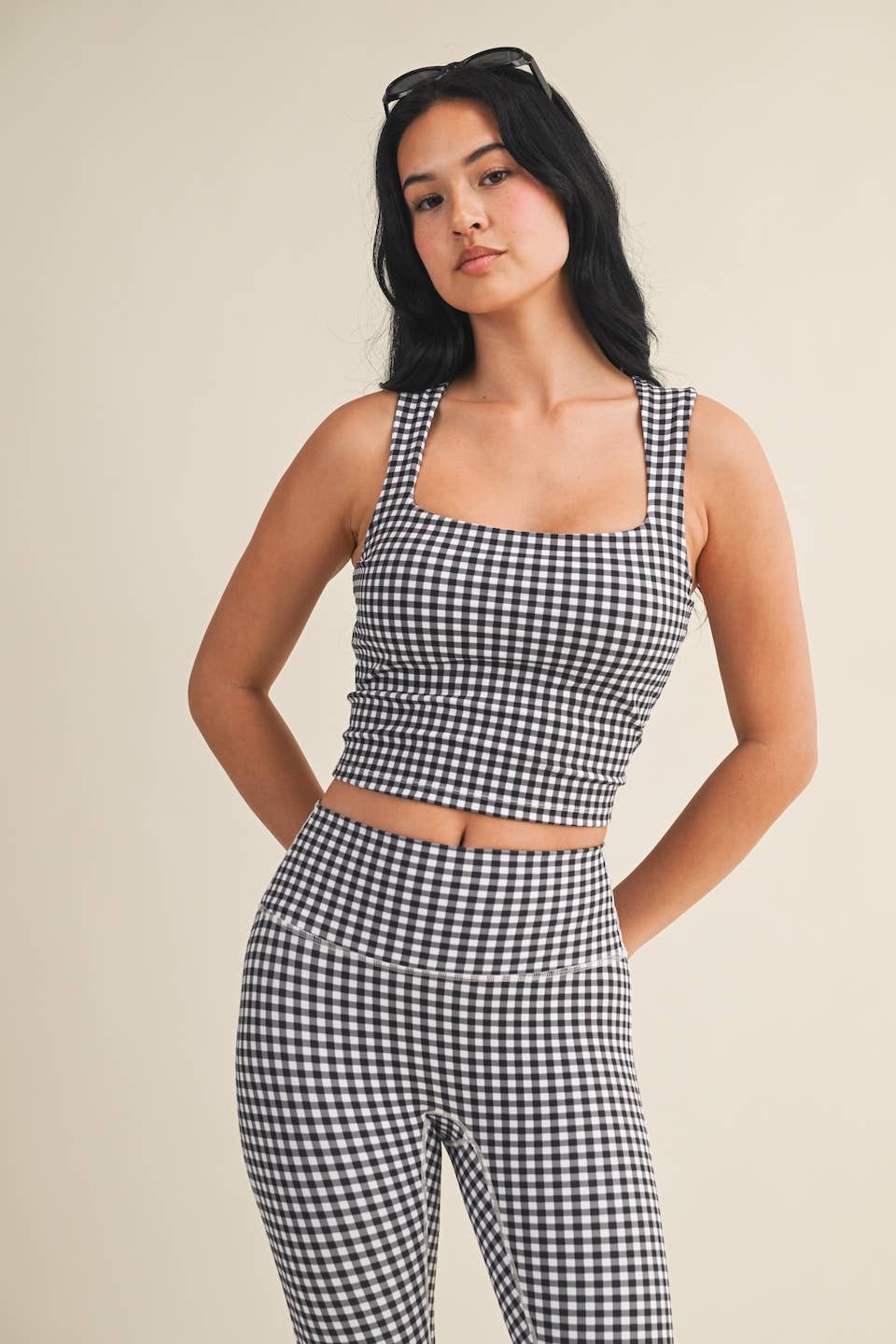 Black Gingham Print Wide Strap Fitted Tank