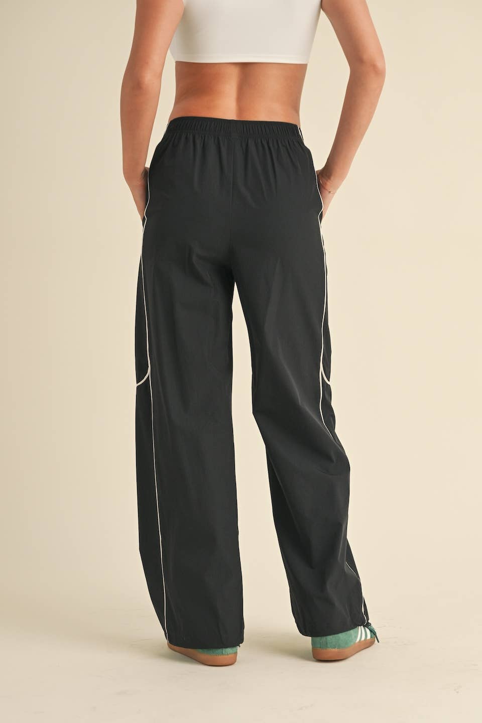 Black Nylon Track Pants with Contrast Piping