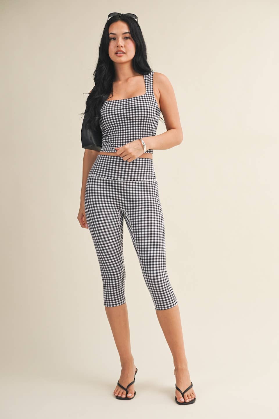 Black Gingham Print Wide Strap Fitted Tank