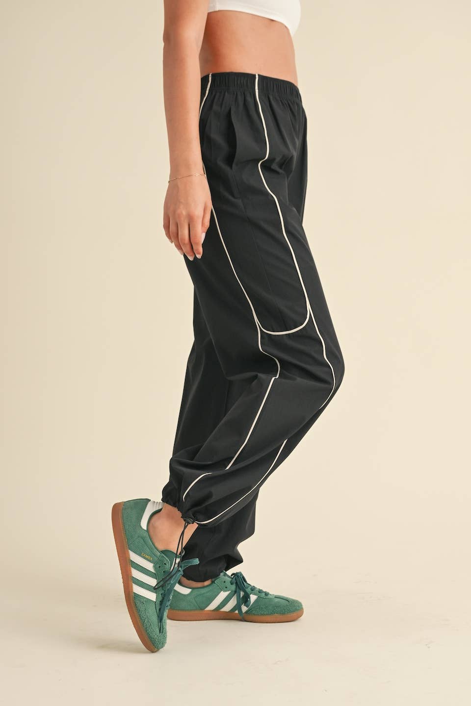 Black Nylon Track Pants with Contrast Piping