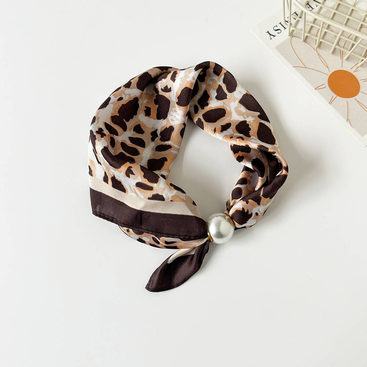 Leopard Print Scarf With Pearl Magnetic Clasp