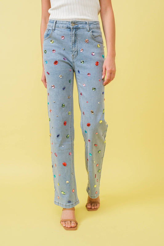 Mid Rise Rainbow Jewel Embellished Denim Jeans