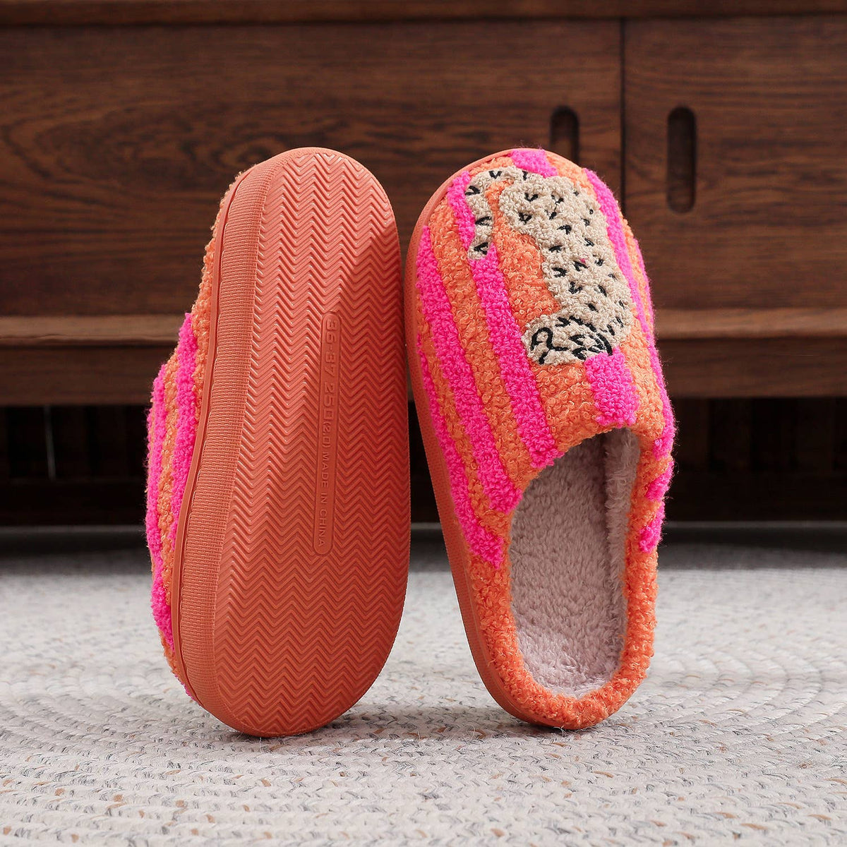 Retro Color-Block Striped Leopard Plush Slippers