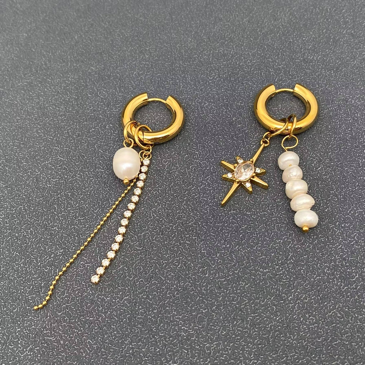 Pearl Zircon Star Charm 18 Gold Plated Huggie Earrings