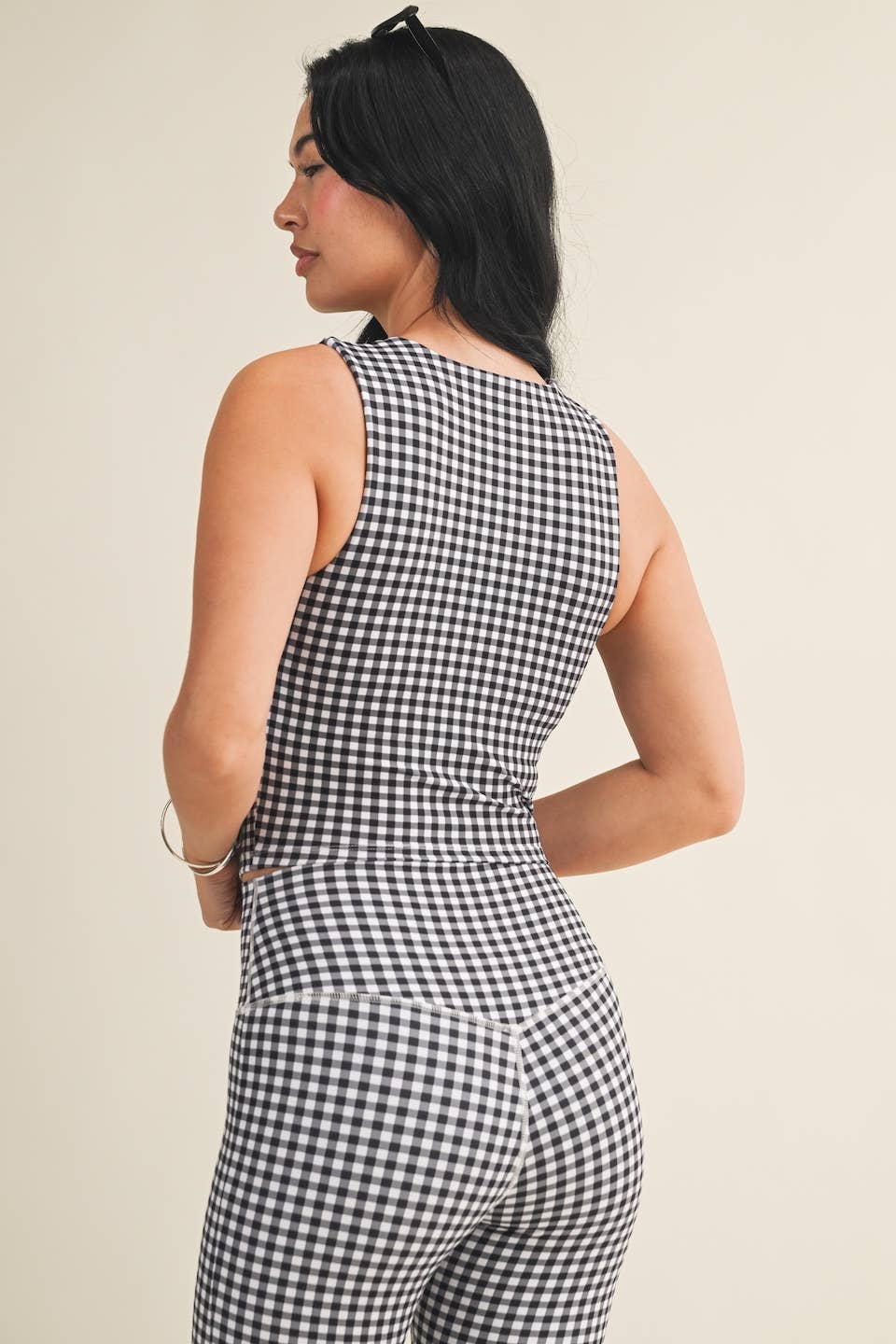 Black Gingham Print Wide Strap Fitted Tank