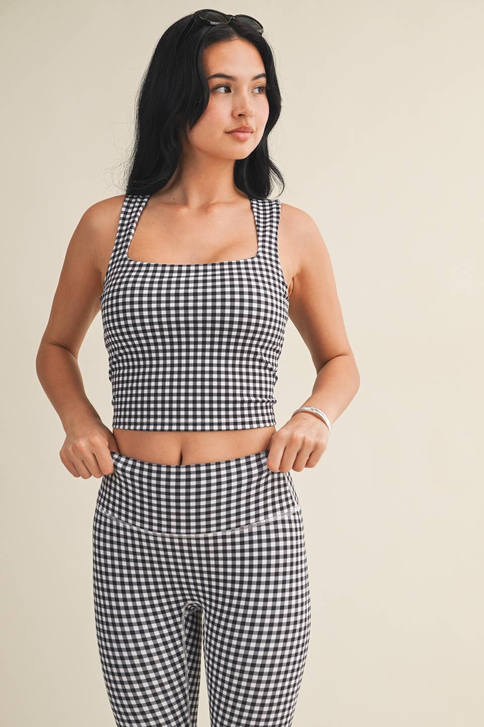 Black Gingham Print Wide Strap Fitted Tank