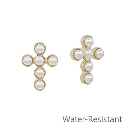 Pearl Beaded Cross Shaped .5" Stud Earring