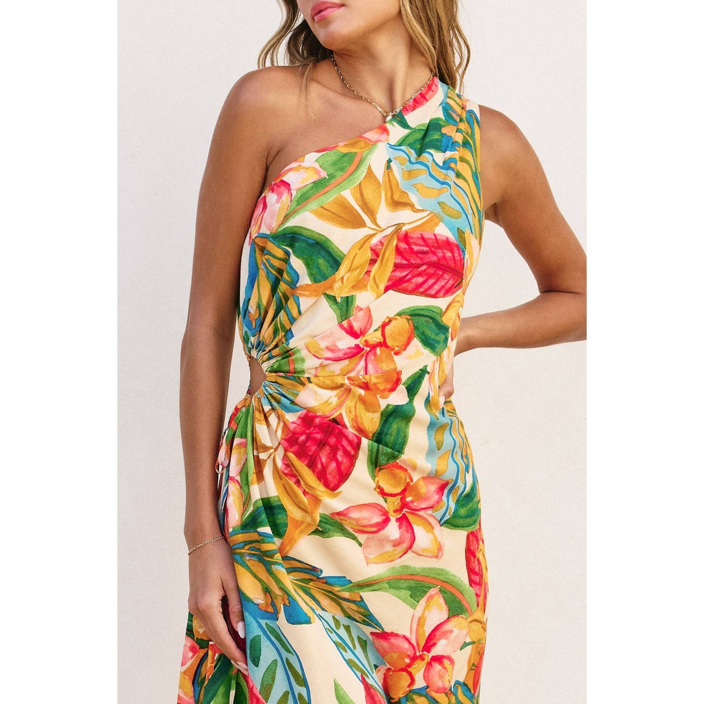 Super Bloom One Shoulder Ruched Mini Dress