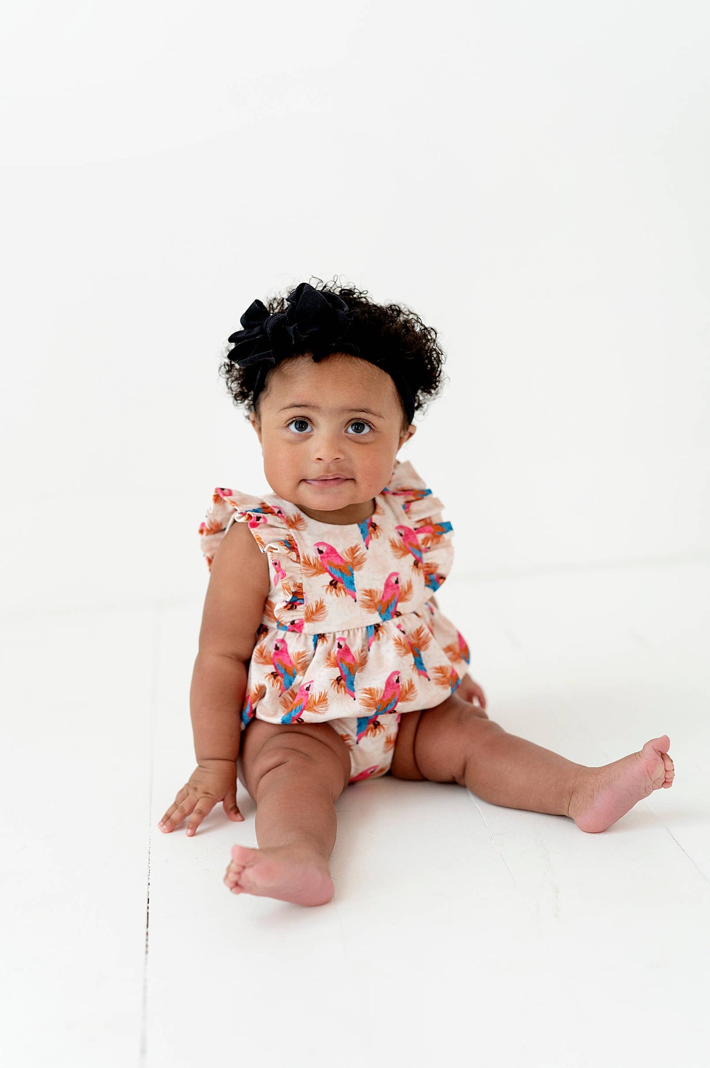 a baby sitting on the floor wearing a dress