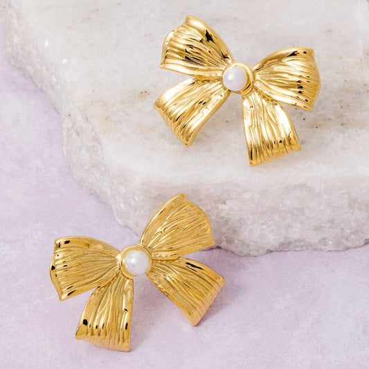 Gold Dipped Pearl Stud Ribbon Bow Large Stud Earrings