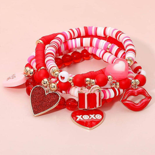 Valentine Heart Charm Beaded Stretch Multi Layered Bracelets