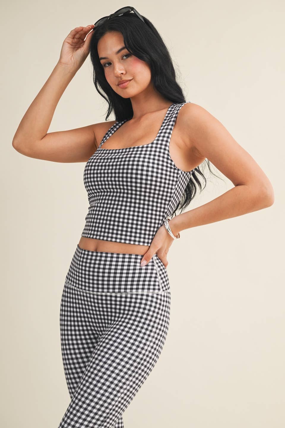 Black Gingham Print Wide Strap Fitted Tank