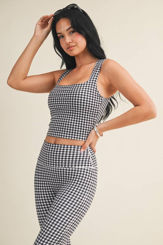 Black Gingham Print Wide Strap Fitted Tank
