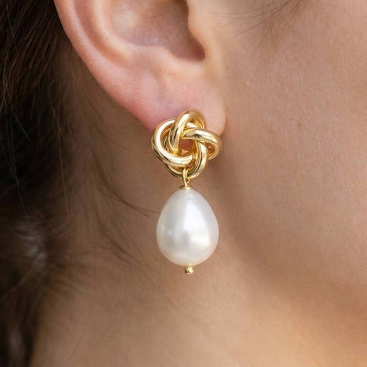 Gold Dipped Knot And Pearl Bead Stud Dangle Earrings