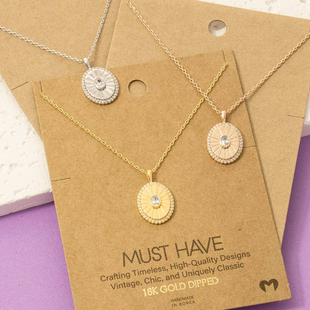 Gold Dipped Intricate Cz Halo Oval Pendant Necklace
