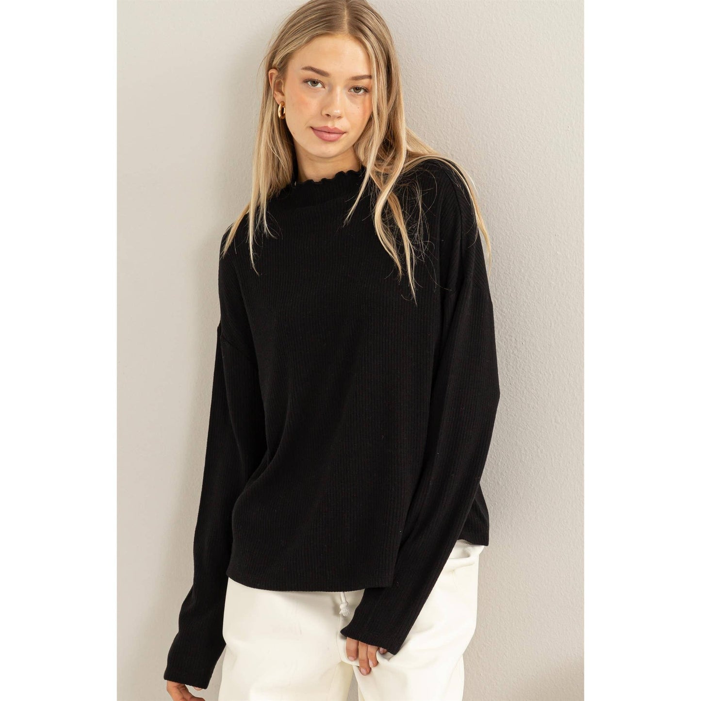 Black Oversized High Neck Top With Side Slit