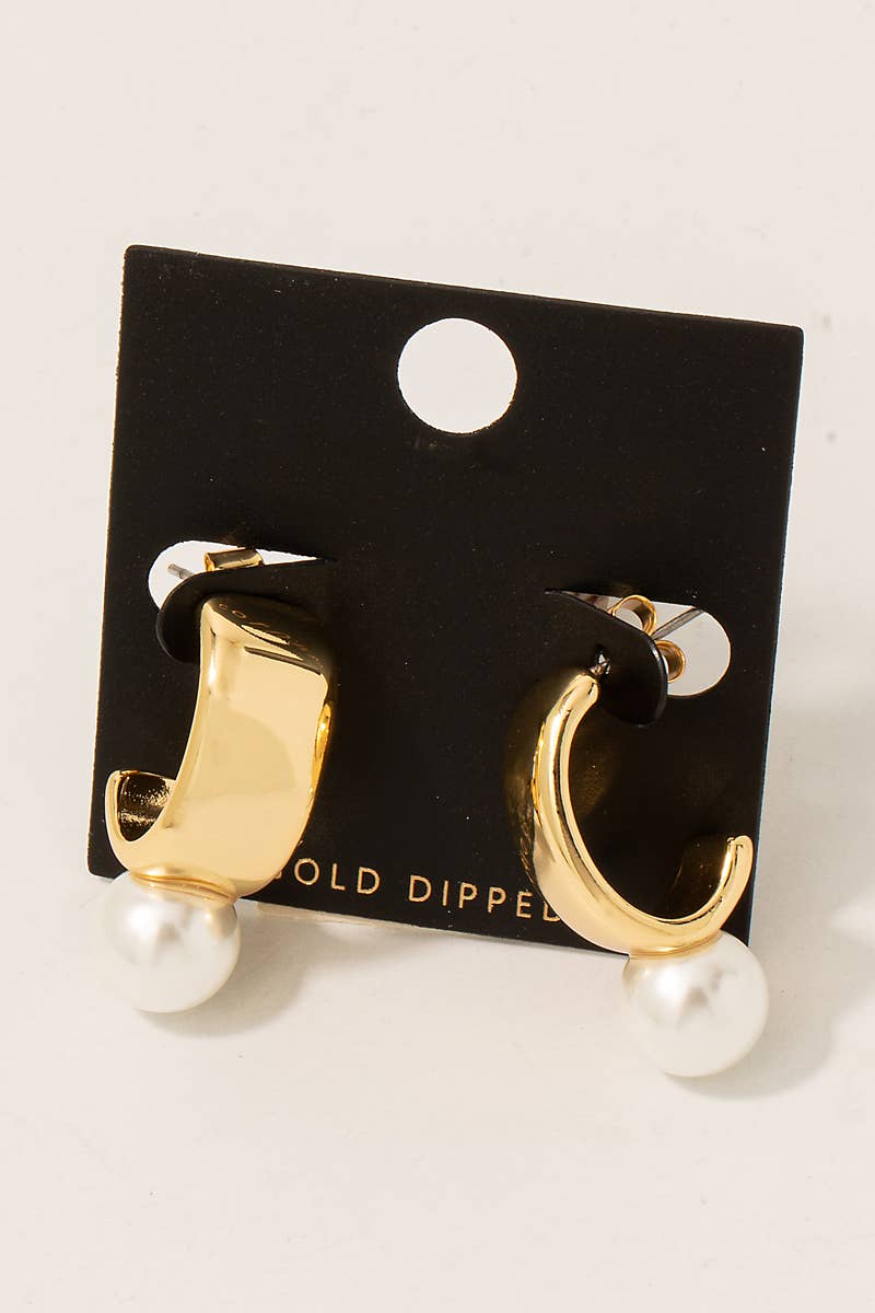 Gold Dipped Pearl Charm Wide Hoop Earrings