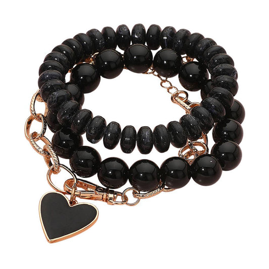 Black Enamel Heart Charm Chain Stretch Beaded Multi Layered Bracelets