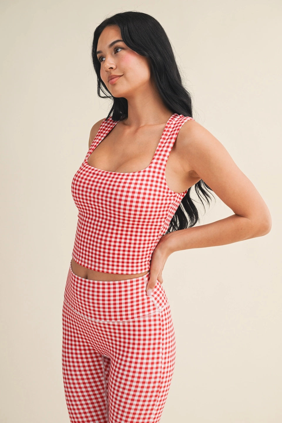 Red Gingham Print Wide Strap Fitted Tank