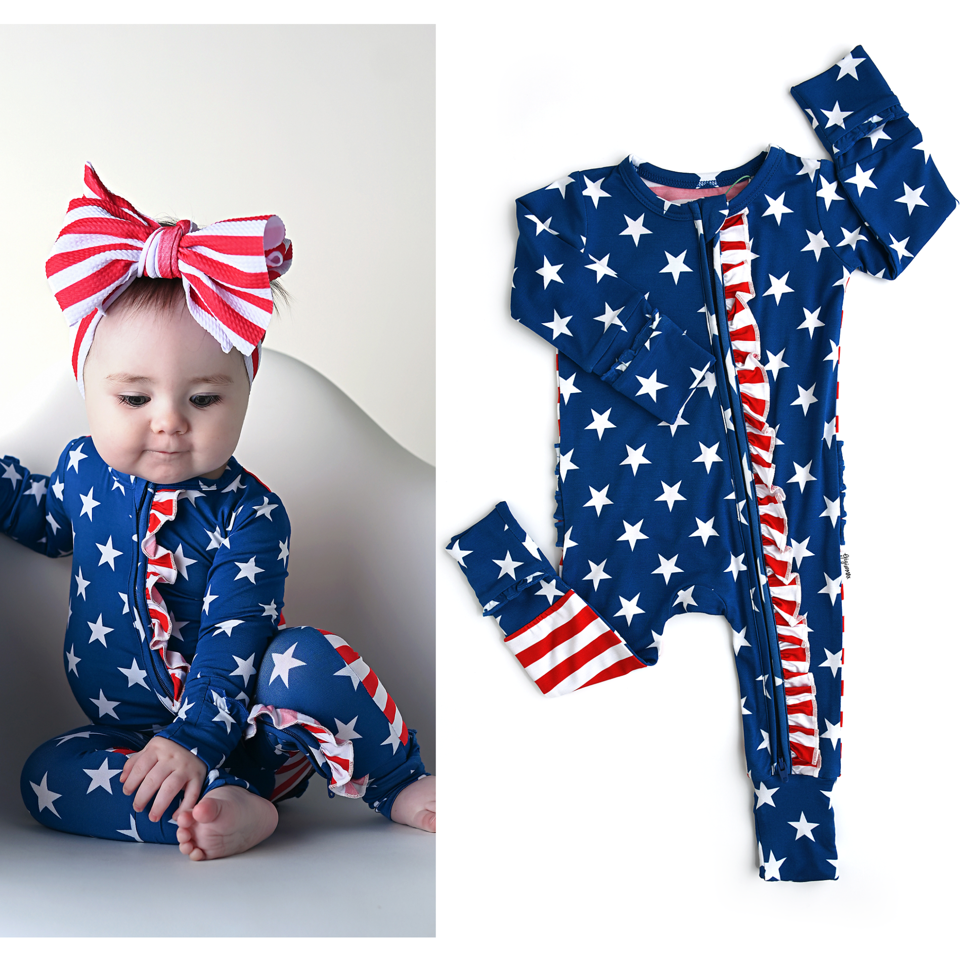 a baby wearing a patriotic outfit with a bow