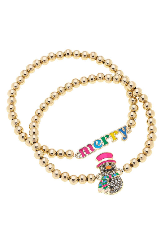 Very Merry Ball Bead Stretch Bracelet Set of 2 in Shiny Gold