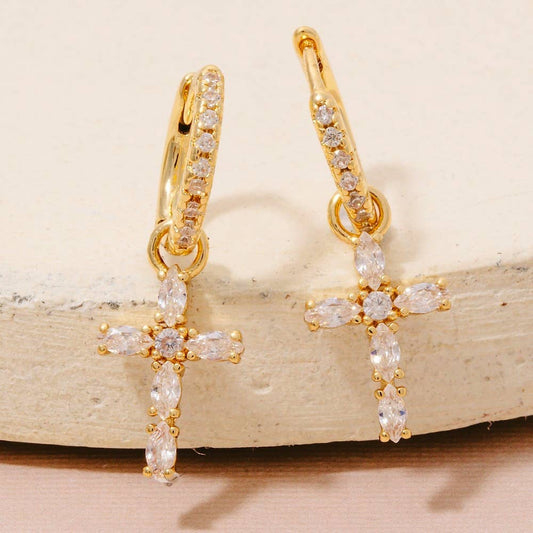 Gold Dipped Baguette Cross Charm Hoop Earrings