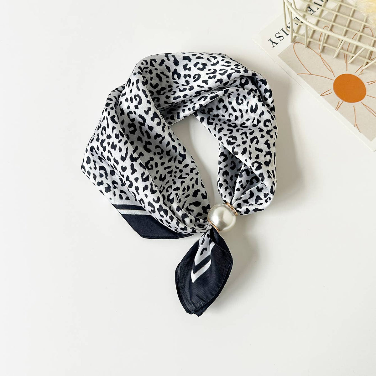 Leopard Print Scarf With Pearl Magnetic Clasp