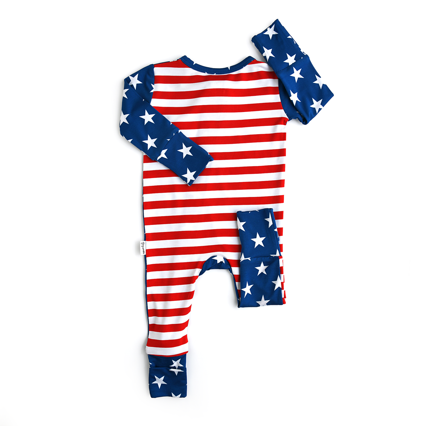 a red, white, and blue baby's bodysuit with stars on it