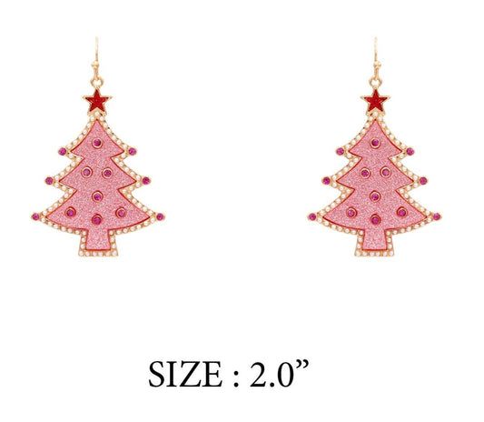 Pink and Red Metal Christmas Tree 2" Earring