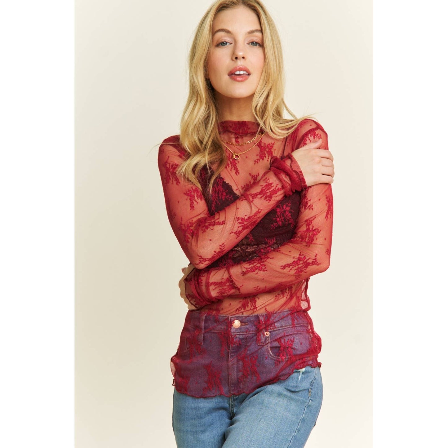 Mesh Lace High Neck Top