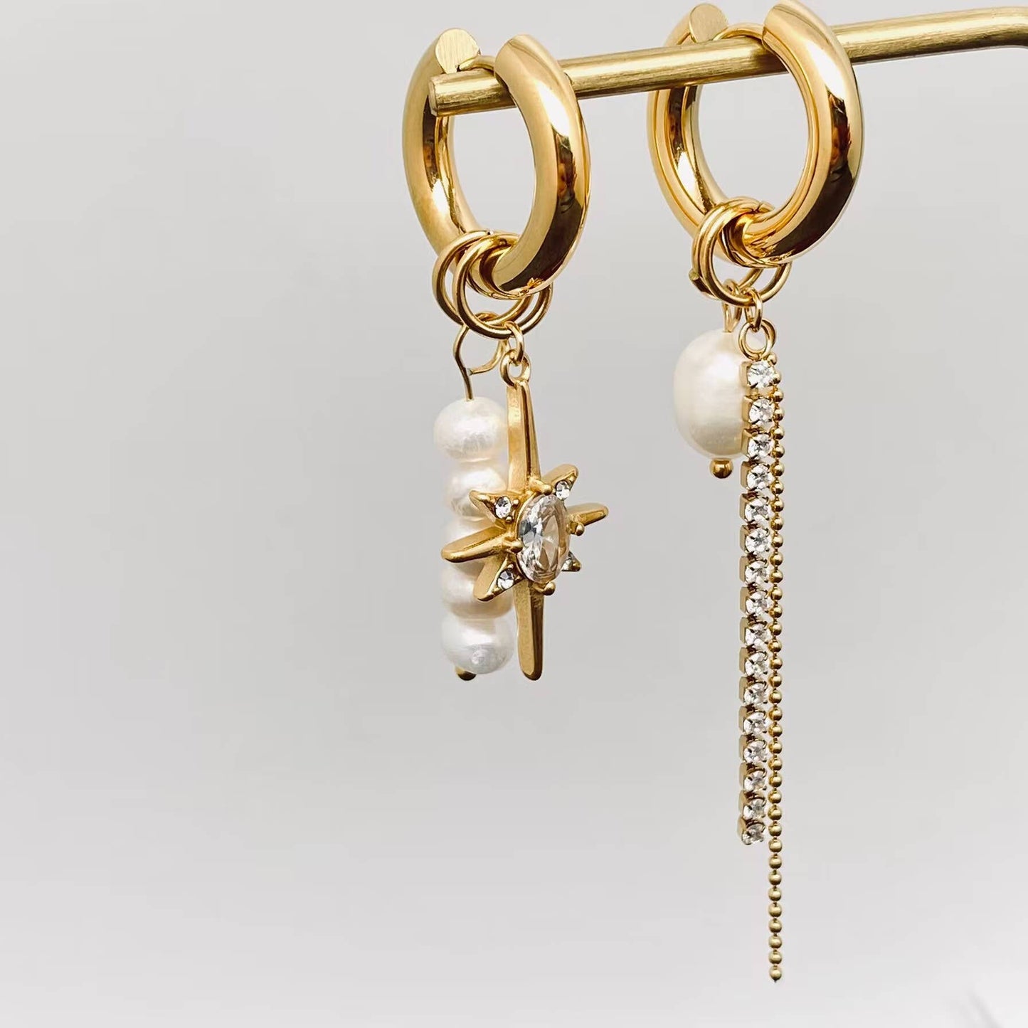 Pearl Zircon Star Charm 18 Gold Plated Huggie Earrings