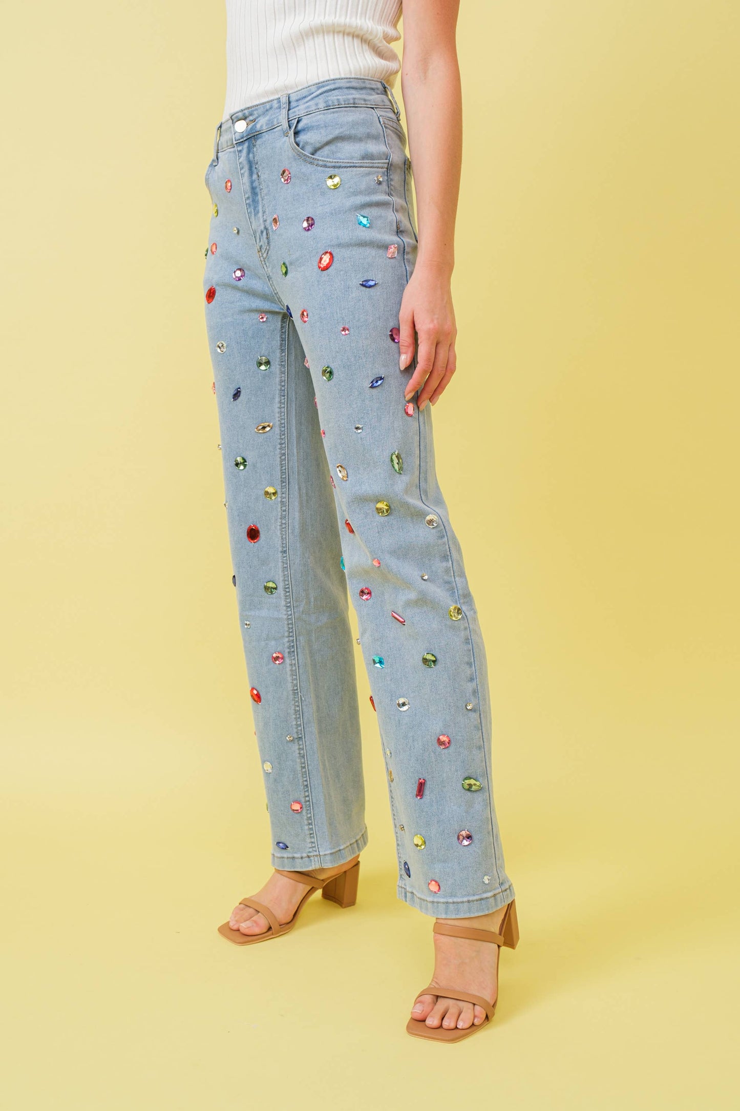 Mid Rise Rainbow Jewel Embellished Denim Jeans