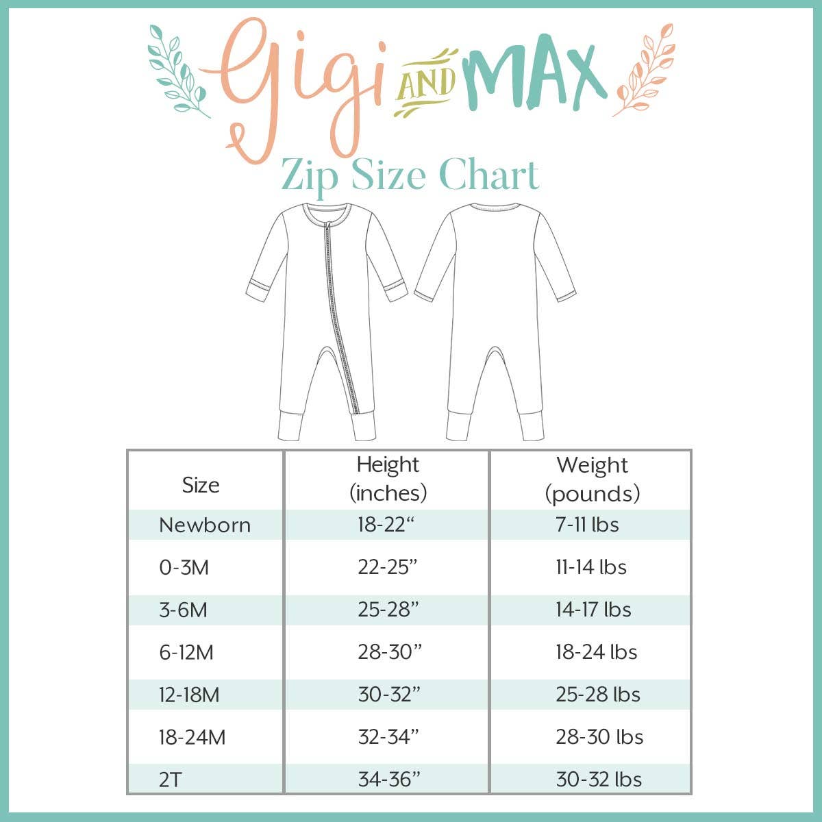 the size chart for a baby's zipped romper