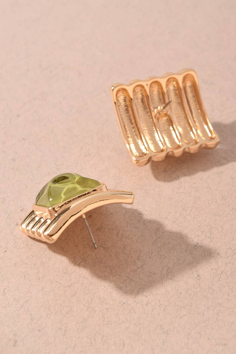 Olive Square Stone Textured Statement Stud Earrings