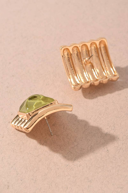 Olive Square Stone Textured Statement Stud Earrings