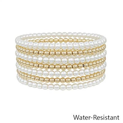 Set of 7 Water Resistant Gold and Pearl Stretch Bracelet