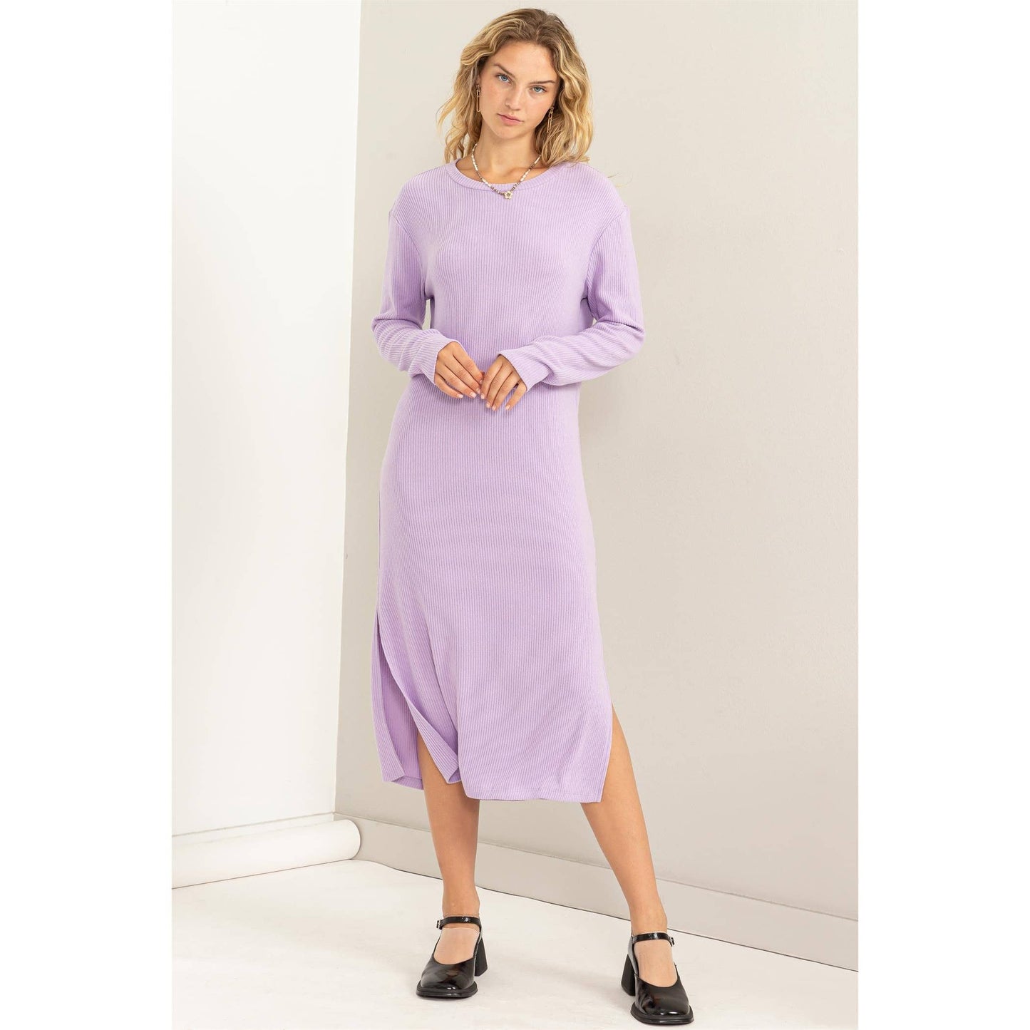 Lavender Ribbed Long Sleeve Midi Dress