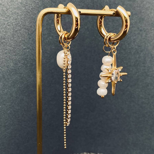 Pearl Zircon Star Charm 18 Gold Plated Huggie Earrings