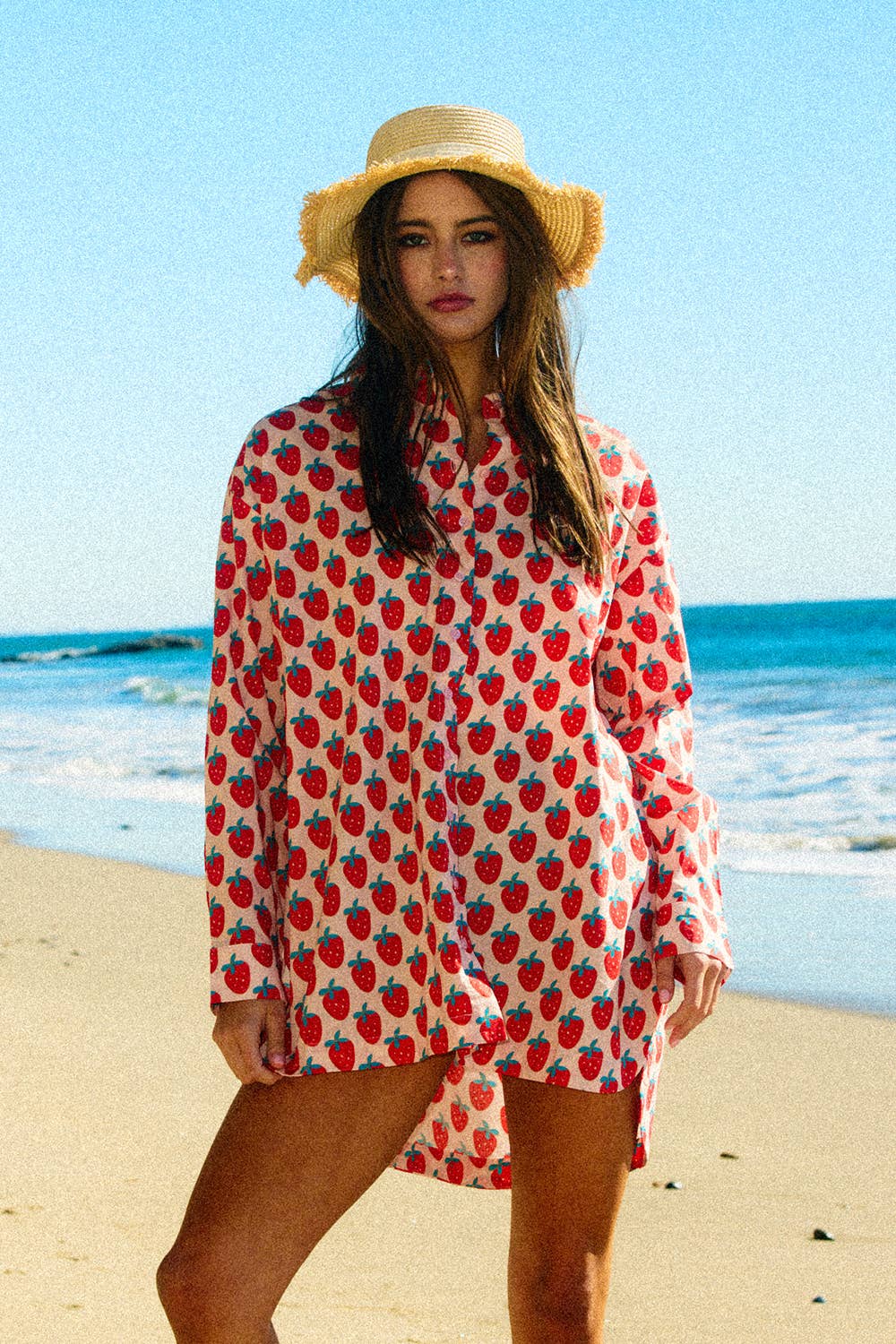 Strawberry Print Oversized Shirt Dress