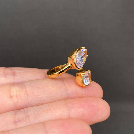 Double Zircon 18K Gold Plated Stainless Steel Ring
