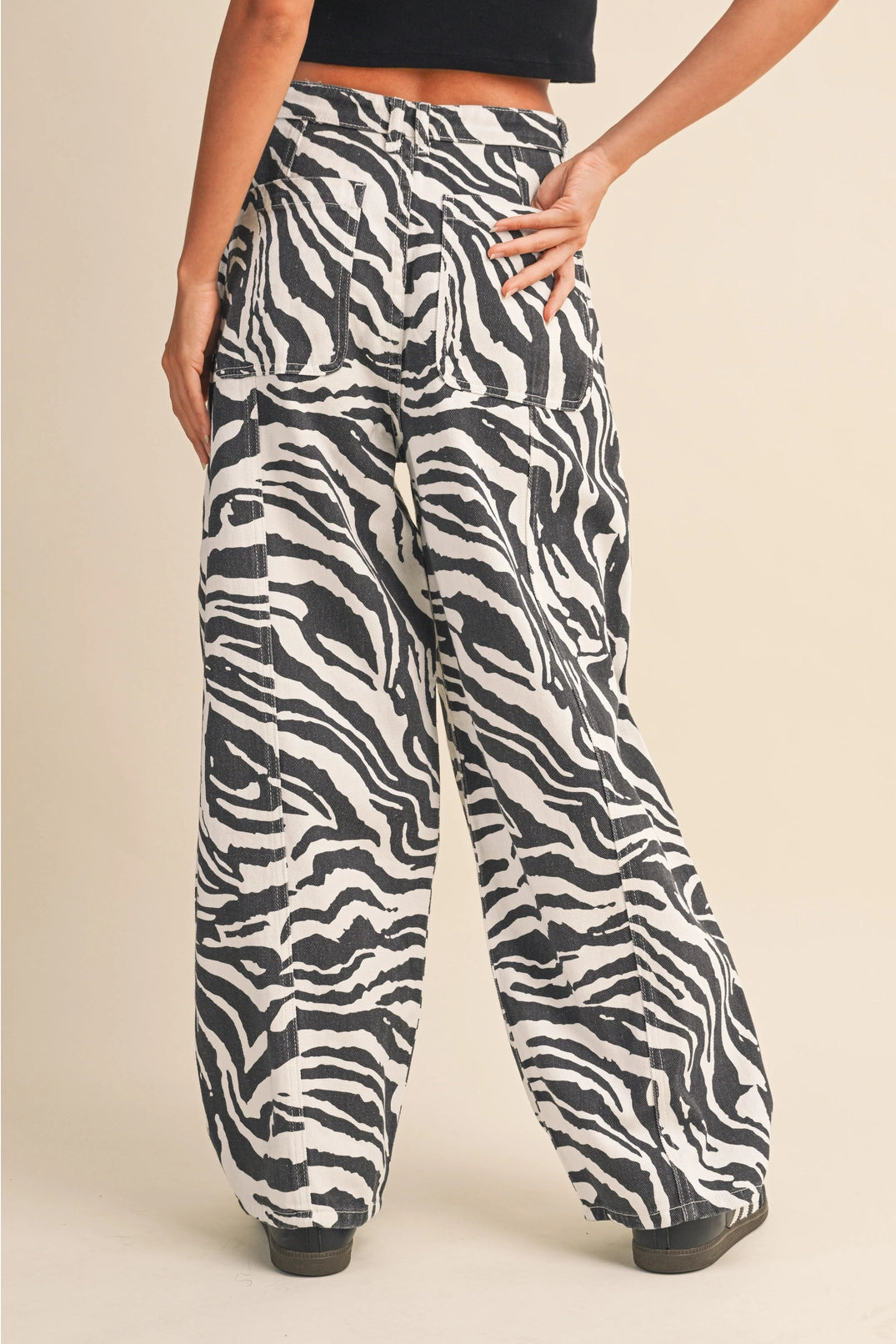 Zebra Print Denim Barrel Pants